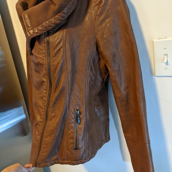 Brown Vegan Leather Asymmetrical Jacket - Picture 7 of 11